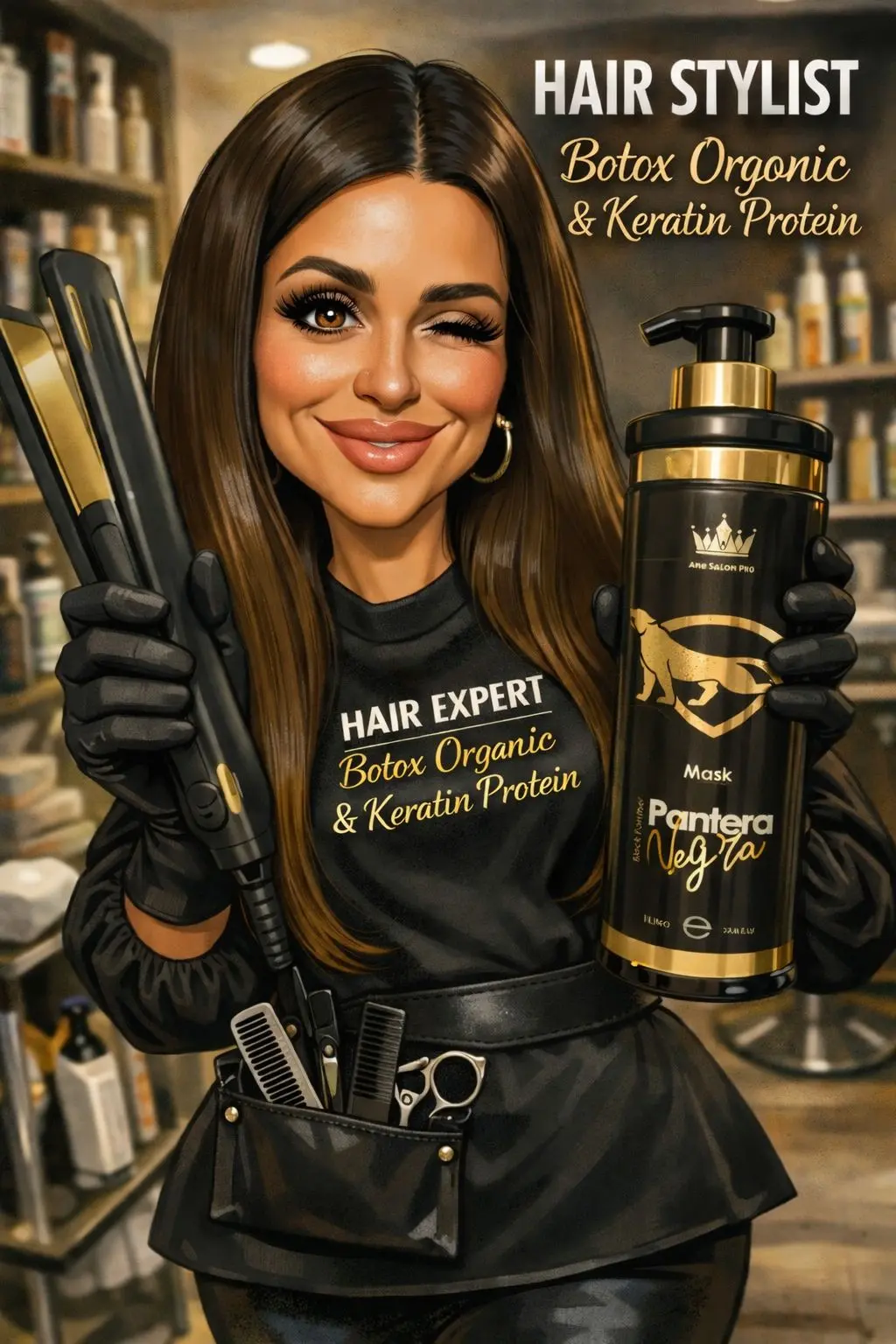 Frisör som håller produkter